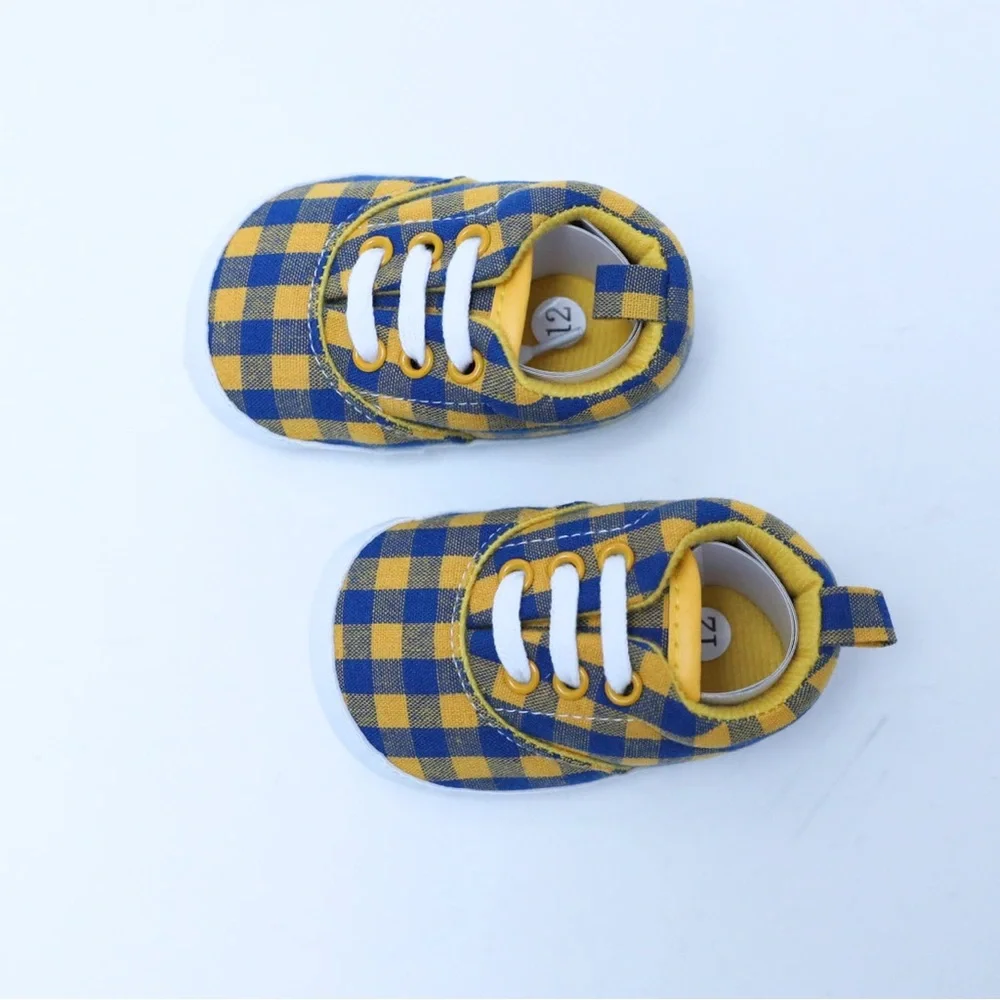 Baby Toddler Shoes Yellow Blue check plaid gingham 6-12 Walking Boot Infant New